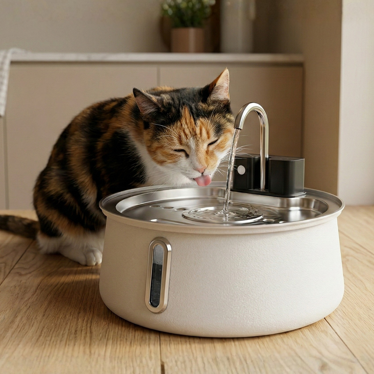 Fontanella senza fili - gatto che beve dalla fontanella bianca