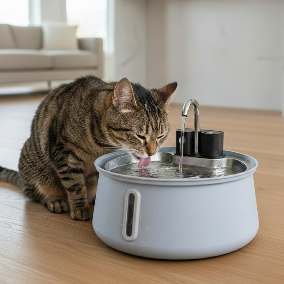 Fontanella senza fili - gatto che beve dalla fontanella blu menta